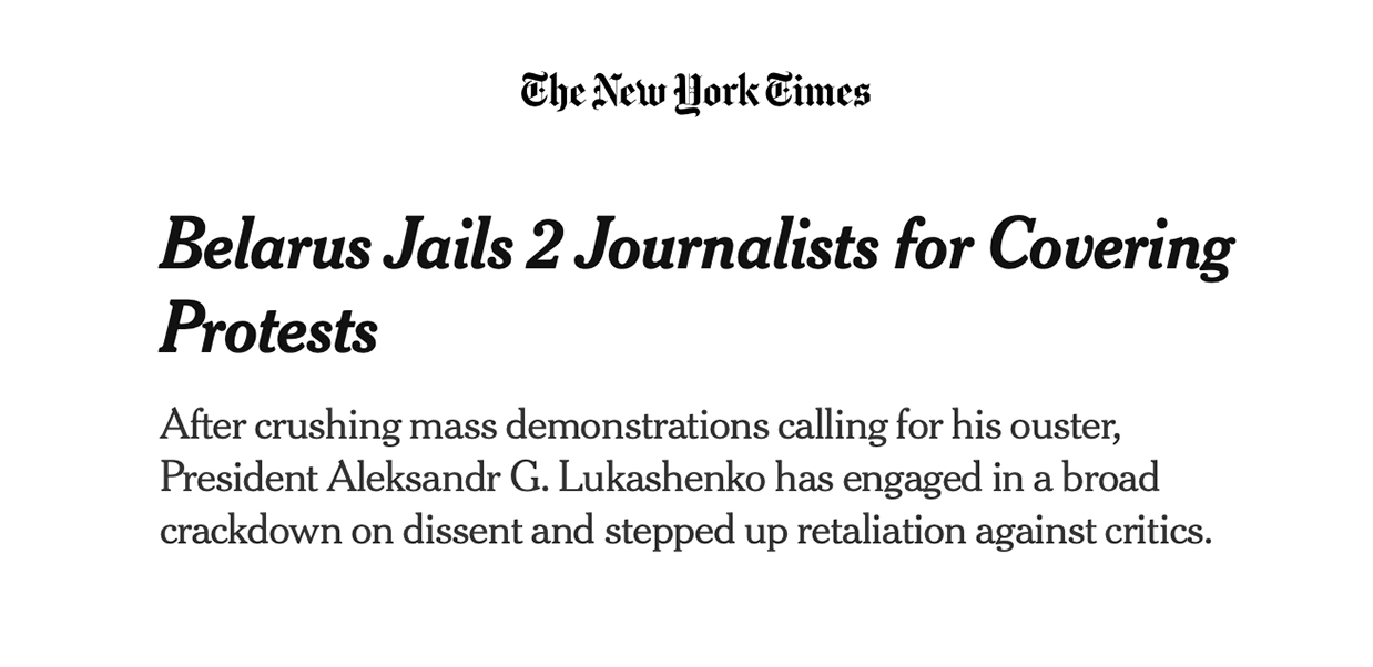 A screenshot of a headline from The New York Times, titled Belarus jails 2 journalists for covering protests